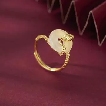 Кольцо S925 из стерлингового серебра, золота и нефрита Spirit Snake, кольцо с изображением женщины в год змеи, нового знака зодиака, кольцо с натуральным халцедоном Opening adjustable золотой