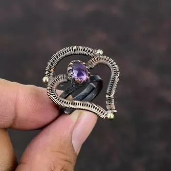 Кольцо с африканским аметистом, кольцо из медной проволоки, регулируемое кольцо, ювелирные изделия ручной работы, кольцо с драгоценным камнем, дизайнерские медные украшения, подарок для него
