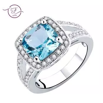 Кольцо с аквамарином для женщин, серебряные украшения, квадратная синяя шпинель, прозрачный кубический циркон, модное обручальное кольцо, подарки на Рождество 5