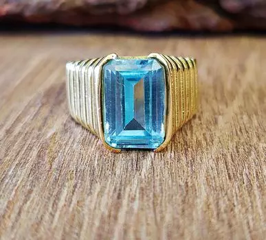 Кольцо с аквамарином, серебро 925 пробы, латунное кольцо, мужское кольцо с печаткой, кольцо с драгоценным камнем, подарок партнеру 5 латунный