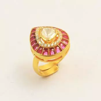 Кольцо с эмалью Kundan Polki с золотой отделкой, серебро 925 пробы