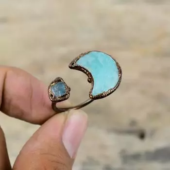Кольцо с амазонитом, грубое кольцо с неоновым апатитом, медное кольцо, изготовленное гальванопластикой, регулируемое кольцо, ювелирные изделия, изготовленные методом гальванопластики, кольцо ручной работы с драгоценным камнем, подарок для нее