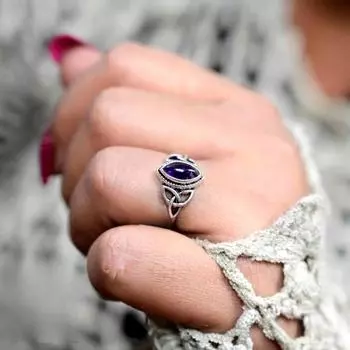Кольцо с аметистом, натуральный аметист, кольцо с кельтским узлом, натуральный драгоценный камень, стерлинговое серебро, кольцо с аметистом для женщин, кольцо с кельтским узлом и камнем Us 6 фиолетовый