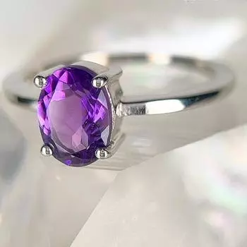 Кольцо с аметистом, стерлинговое серебро, размер All, кольцо с фиолетовым кристаллом, круглое кольцо с солитером, кольцо с настоящим аметистом, кольцо с камнем февраля Us 5 фиолетовый