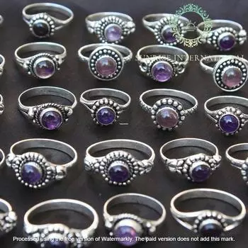 Кольцо с аметистовым кристаллом, серебряные кольца с накладным узором, винтажные кольца ручной работы, кольца в стиле хиппи, кольцо для женщин, кольца с кристаллами, массивное кольцо Free Size фиолетовый