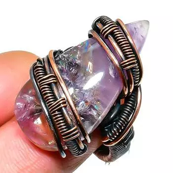 Кольцо с аметрином, самоцветом, ручной работы, медная проволока, размер 6