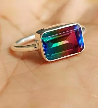 Кольцо с арбузным турмалином, серебро 925 пробы, эффектное кольцо, кольцо с турмалином и кварцем, форма изумрудной огранки, подарок для нее, кольцо с камнем 4.5