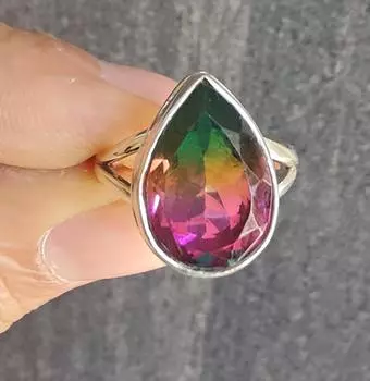 Кольцо с арбузом и турмалином, кольцо с турмалином и кварцем, твердое серебро 925 пробы, драгоценный камень грушевидной формы, ювелирные изделия ручной работы, подарок в стиле бохо 4.5