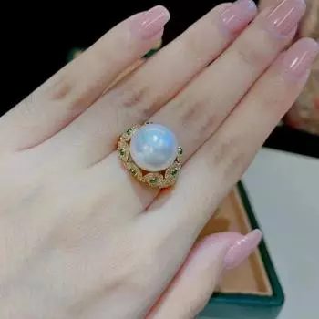 Кольцо с австралийским белым жемчугом и изумрудом, женское, с покрытием из циркония 18 карат, французское ретро-кольцо на указательный палец Opening adjustable золотой