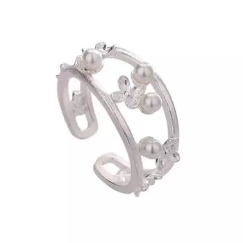 Кольцо с ажурным двухслойным жемчужным цветком, женское, литературное, с маленьким свежим песчаным узором, кольцо на указательный палец, креативное, с маленьким цветком copper (silver opening adjustable)