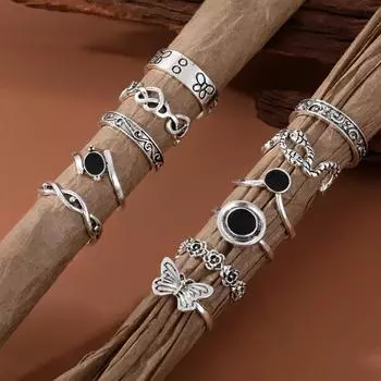 Кольцо с бабочкой для вечеринки, очаровательный комплект колец с цветком, Южная Корея, простой набор колец, 11 шт., винтажный набор колец со скульптурой серебряный