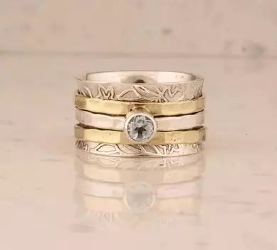 Кольцо с белым драгоценным камнем CZ, кольцо Spinner, двухцветное кольцо, дизайнерское кольцо ручной работы, эффектное кольцо, кольцо в стиле бохо, серебряные украшения 6