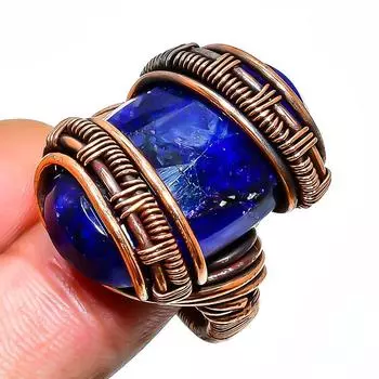 Кольцо с бирманским сапфиром, драгоценным камнем, ручной работы, медная проволока, размер 8