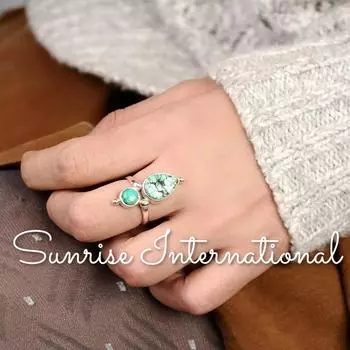 Кольцо с бирюзой и каплей, стерлинговое серебро, бохо, груша, двойной, два камня, размер 6, 7, 8, 9 Us 6 синий