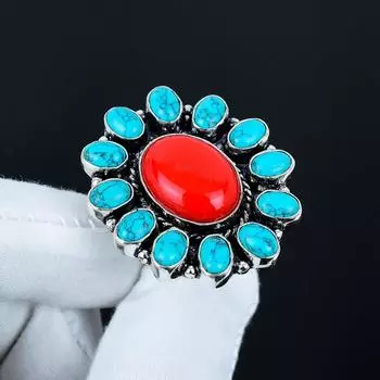 Кольцо с бирюзой и красным кораллом, кольцо из стерлингового серебра 925 пробы, подарок для нее, овальный камень, элегантное кольцо ручной работы, серебряное кольцо с бирюзовым цветком в подарок US 4 красный
