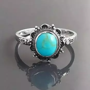 Кольцо с бирюзой, стерлинговое серебро, кольцо в стиле бохо, кольцо с синим бирюзовым камнем, маленькое овальное кольцо средней длины, изящные ювелирные изделия, старинное кольцо в викторианском стиле us 4 синий