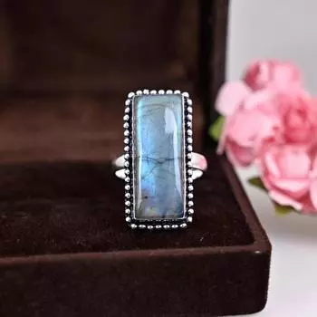Кольцо с большим лабрадоритом, серебряное кольцо, кольцо с драгоценным камнем, эффектное кольцо, большое синее кольцо, свадебное кольцо, ювелирные изделия из натурального лабрадорита, подарок для мамы Us 5 синий