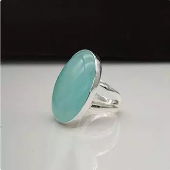 Кольцо с большим овальным камнем из аква-халцедона, кольцо ручной работы, дизайнерские украшения, серебро 925 пробы, богемное кольцо 6