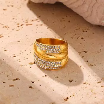 Кольцо с бриллиантами в многослойной оправе, кольцо в стиле хип-хоп из нержавеющей стали с покрытием из настоящего золота 18 карат No. 6