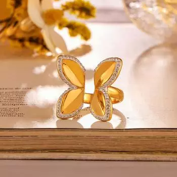 Кольцо с бриллиантами в виде цветка и бабочки ветра, нишевое ювелирное украшение в виде насекомого, дизайн с отверстием, титановая сталь, покрытая золотом 18 карат No. 6