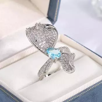 Кольцо с бриллиантом в форме капли синего цвета, элегантное, легкое, роскошное, с открытым бантом, с блестками, элегантное, сдержанное белый