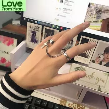 Кольцо с цепочкой и крестом, эстетичное для женщин, панк-хип-хоп, кольца для мужчин, эстетичное гранжевое винтажное мужское кольцо, корейские ювелирные изделия