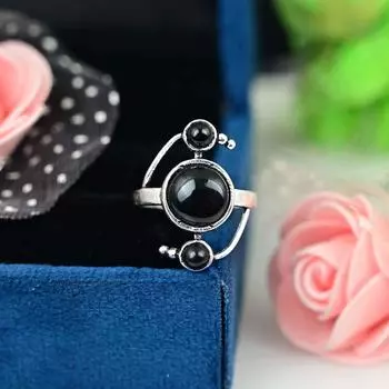 Кольцо с черным обсидианом, кольцо из стерлингового серебра, кольцо с обсидианом, подарок для женщин, кольцо с драгоценными камнями, ювелирные изделия с обсидианом Us 6 чёрный