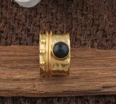 Кольцо с черным ониксом, эффектное кольцо, кольцо-спиннер, кольцо из желтого золота, богемное кольцо, ювелирные изделия ручной работы, кольцо унисекс, серебро 925 пробы 6
