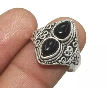 Кольцо с черным ониксом и драгоценным камнем, дизайнерское кольцо ручной работы в стиле бохо из стерлингового серебра 925 пробы, эффектные украшения, распродажа на Хэллоуин, кольцо для женщин 6