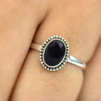 Кольцо с черным ониксом и овальным драгоценным камнем, кольцо с камнем из стерлингового серебра 925 пробы, кольцо с безелем, эффектное кольцо, кольцо в стиле бохо, кольцо для праздничной одежды 6