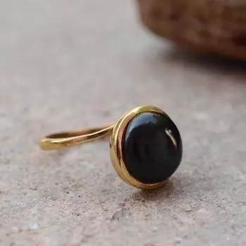 Кольцо с черным ониксом, кольцо из желтого золота, составное кольцо, кольцо ручной работы, кольцо-ободок, женское кольцо, серебро 925 пробы 6