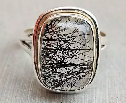 Кольцо с черным рутилом, эффектное кольцо, драгоценный камень в форме подушки, серебро 925 пробы, подарок для женщин, подарок на день матери 5.5