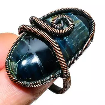 Кольцо с черным тигровым глазом, ручной работы, медная проволока, размер 9,5