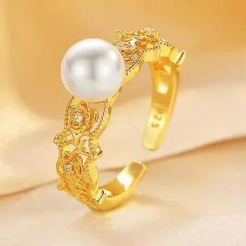 Кольцо с цветком и жемчугом из циркония, изысканное, легкое, роскошное, в античном стиле, с нишевым дизайном, регулируемое, для указательного пальца, универсальное opening adjustable золотой