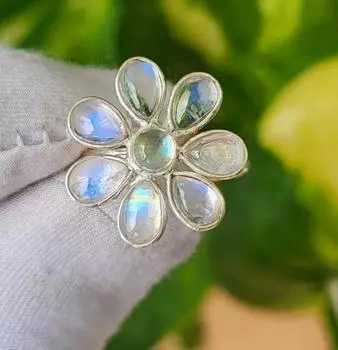Кольцо с цветком из натурального драгоценного камня Rainbow Moonstone стерлингового серебра 925 пробы, размер 5, США A111 5 US