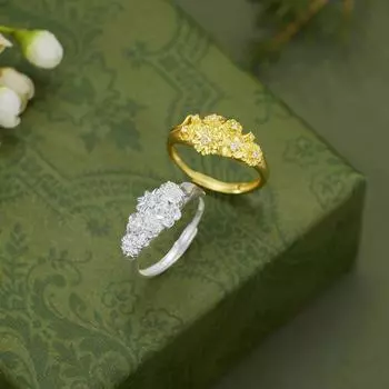 Кольцо с цветком из стерлингового серебра S925, женское позолоченное филигранное кольцо с инкрустацией цирконием, модное легкое роскошное ювелирное изделие Adjustable Opening