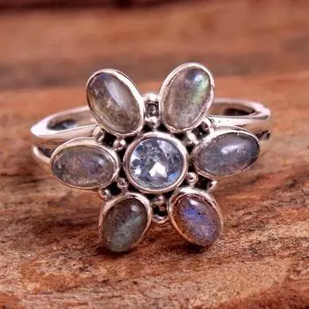 Кольцо с цветком, Кольцо с лабрадором, Подарки для нее, Серебряное кольцо с подвеской, Ювелирные изделия с драгоценными камнями, Серебряные украшения 4 синий