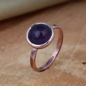 Кольцо с драгоценным камнем аметист, кольцо с круглым камнем, кольцо ручной работы, кольцо из розового золота, составное кольцо, подарок для нее, кольцо с безелем, серебро 925 пробы 6