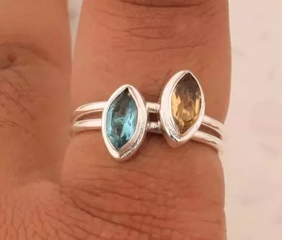 Кольцо с драгоценным камнем «Цитрин-голубой топаз», Кольцо из цельного серебра 925 пробы, Кольцо с камнем, Ювелирные изделия ручной работы, Штабелируемое кольцо, Кольцо с безелем, Модные украшения 6