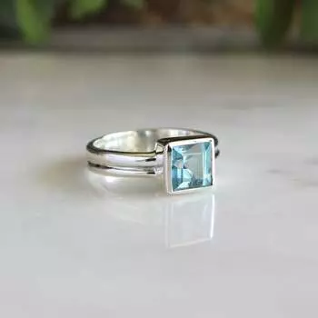 Кольцо с драгоценным камнем Голубой топаз, Дизайнерское кольцо ручной работы, Заявление, Серебро 925 пробы, Заявление, Обручальное кольцо 6