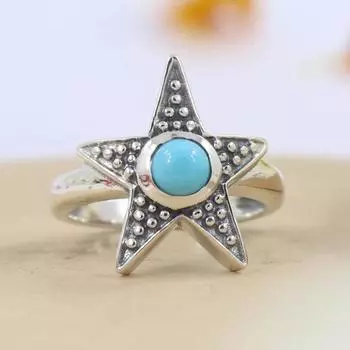Кольцо с драгоценным камнем из бирюзы, Кольцо со звездой, Дизайнерские украшения, Кольцо в стиле бохо, Кольцо ручной работы, Уникальный подарок, Серебряные украшения-подвески, Серебряное кольцо 925 пробы 6