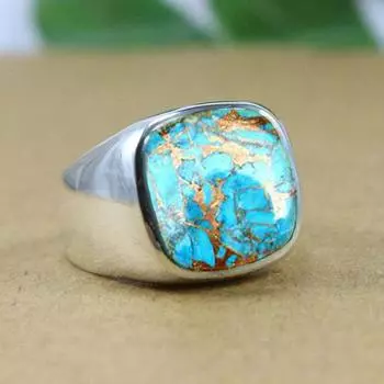 Кольцо с драгоценным камнем из бирюзы, созданное в лаборатории, кольцо из стерлингового серебра 925 пробы, кольцо-подушка, кольцо унисекс, рождественский свадебный подарок 6