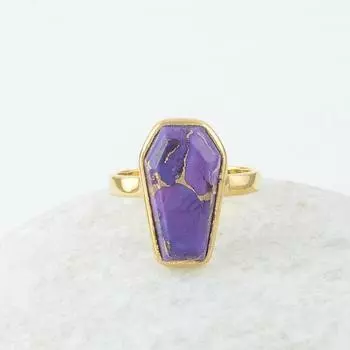 Кольцо с драгоценным камнем из фиолетовой меди и бирюзы, кольцо в виде гроба, кольцо из желтого золота, кольцо унисекс, ювелирные изделия ручной работы, кольцо с безелем, серебро 925 пробы 6