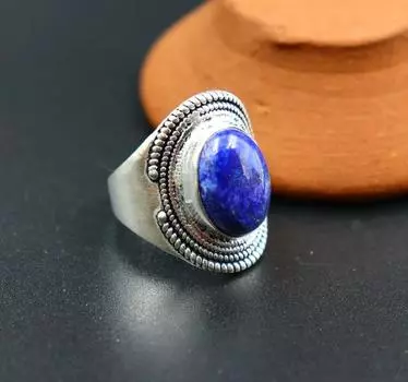 Кольцо с драгоценным камнем из лазурита, кольцо из твердого серебра 925 пробы, богемное кольцо, подарок для нее, серебряное кольцо, серебряные украшения ручной работы 6