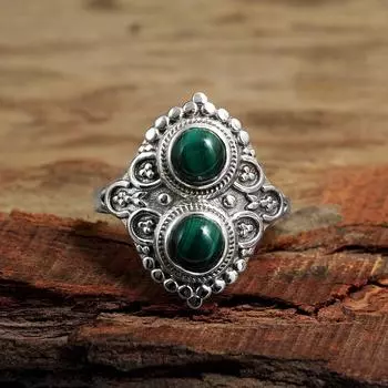 Кольцо с драгоценным камнем из малахита, стерлинговое серебро 925 пробы, ювелирное изделие ручной работы, эффектное кольцо 5 зелёный