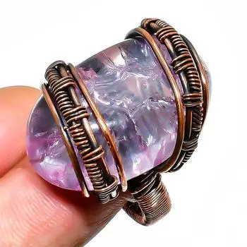 Кольцо с драгоценным камнем из медной проволоки ручной работы с трещинами и кристаллами, размер 8