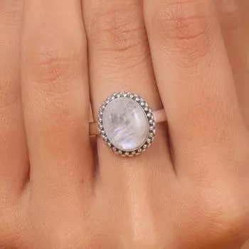 Кольцо с драгоценным камнем из радужного лунного камня, Кольцо ручной работы, Кольцо в стиле бохо, Эффектные украшения, Кольцо унисекс, Серебряные украшения-подвески, Серебряное кольцо 925 пробы 6