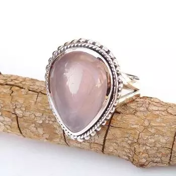 Кольцо с драгоценным камнем из розового кварца, дизайнерское кольцо ручной работы, серебряные украшения, кольцо в стиле бохо, эффектное кольцо, серебро 925 пробы 6
