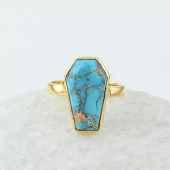 Кольцо с драгоценным камнем из синей меди и бирюзы, кольцо в виде гроба, кольцо из желтого золота, ювелирные изделия ручной работы, серебряные украшения, кольцо унисекс, серебро 925 пробы 6