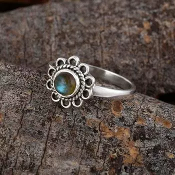 Кольцо с драгоценным камнем Лабрадорит, Ювелирные изделия из стерлингового серебра 925 пробы, Штабелируемое кольцо, Женское кольцо, Кольцо с круглым камнем, Ювелирные изделия ручной работы, Кольцо для женщин 6